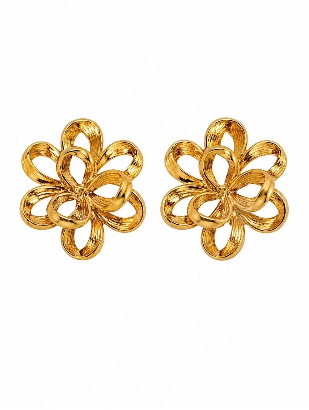Vintage Goldtone Stylized Sculpted Floral Ribbon Statement Earrings